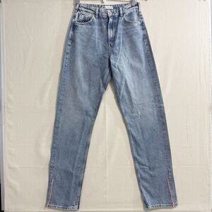 Zara Womens Size 2 Light Wash Jeans Side Slit Hem Red White Trim